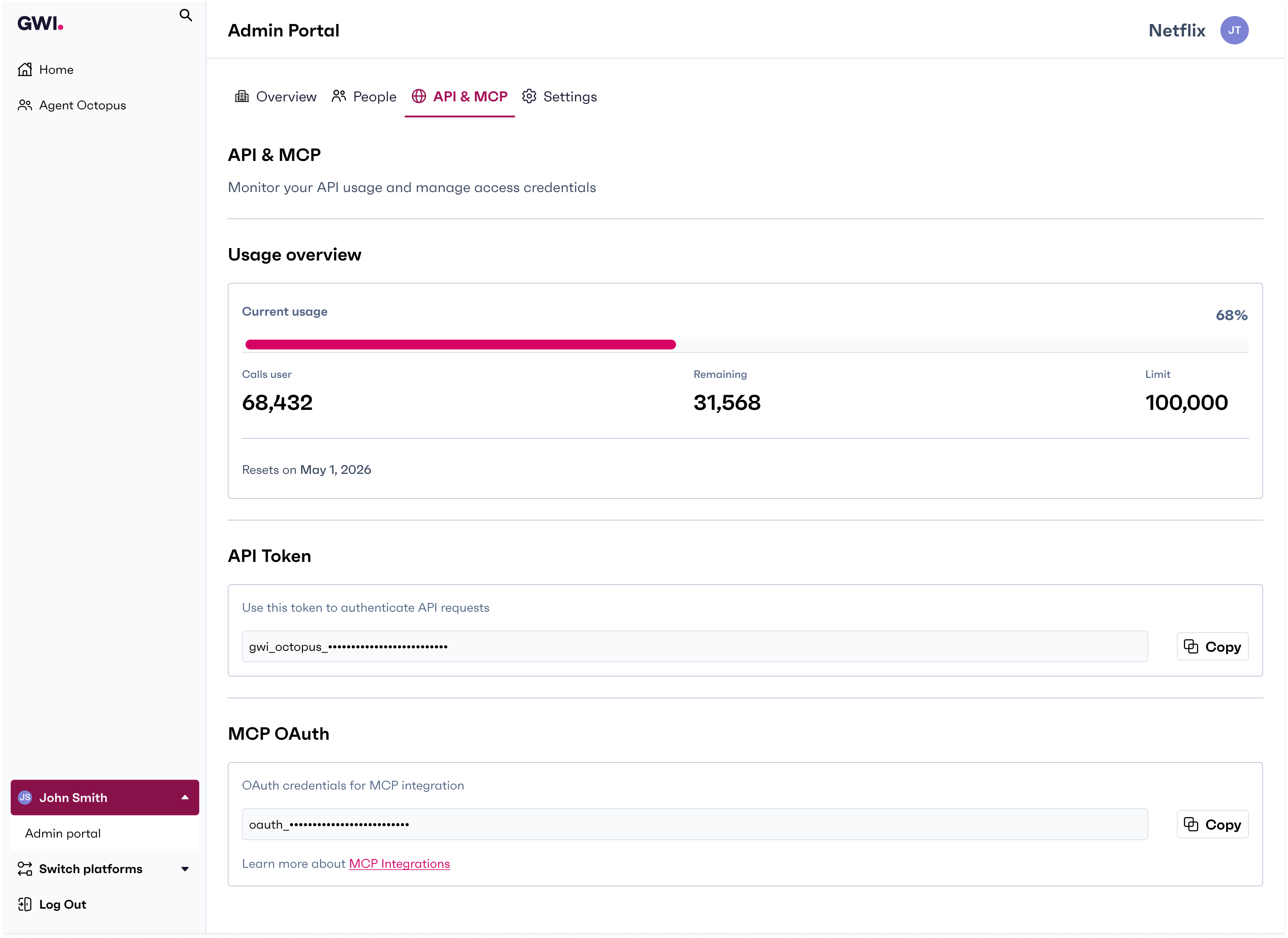 Earlier Admin Portal API & MCP tab: usage bar with percent consumed, calls used, remaining, and limit, reset date; masked API token and MCP OAuth fields with Copy actions.