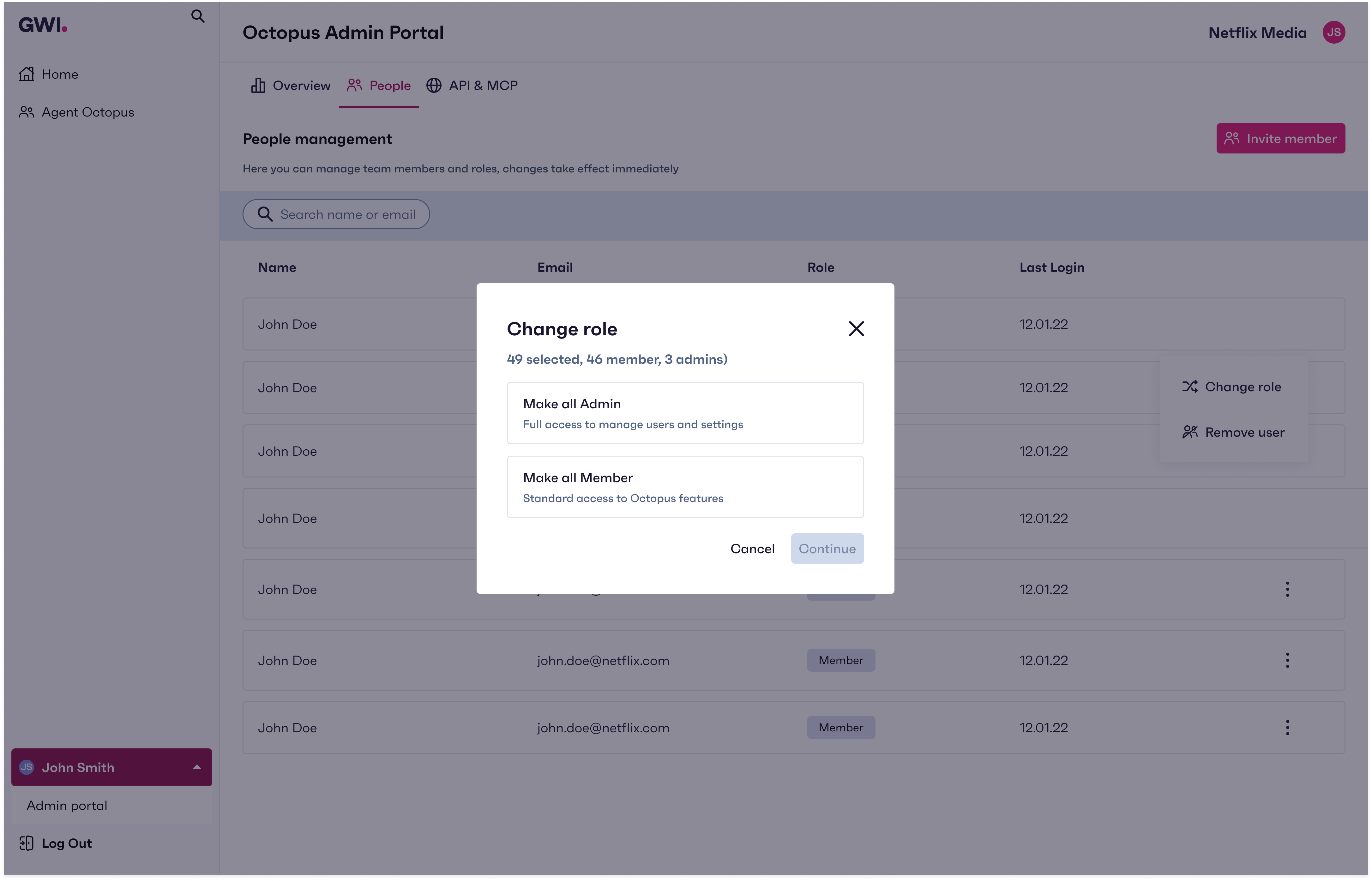 Octopus Admin Portal: bulk Change role modal for 49 selected users with counts of members and admins; Make all Admin or Make all Member cards and Continue.