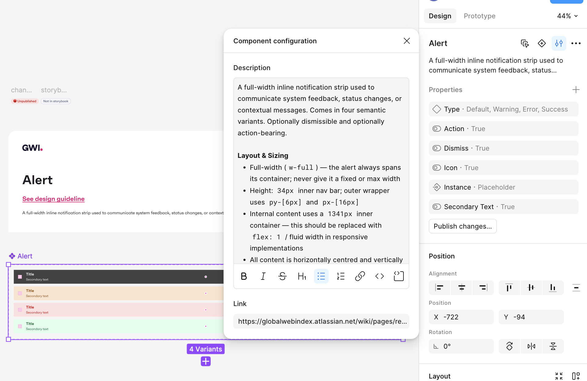GWI design system in Figma: Alert component with Default, Warning, Error, and Success variants, layout specs, and property controls.