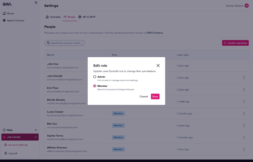 Edit role modal with Member selected for Jane Donald.