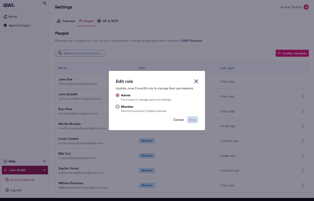 Edit role modal: update Jane Donald's role with Admin and Member options.