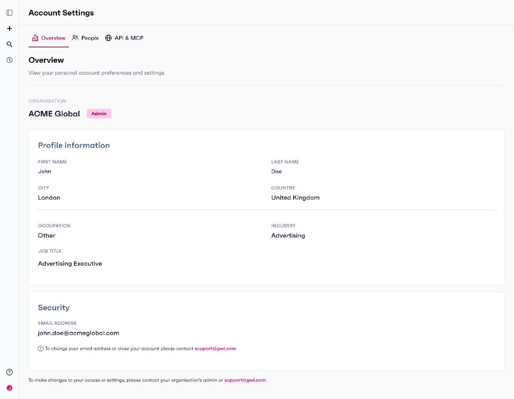 Account settings overview: organisation, profile information, and security.