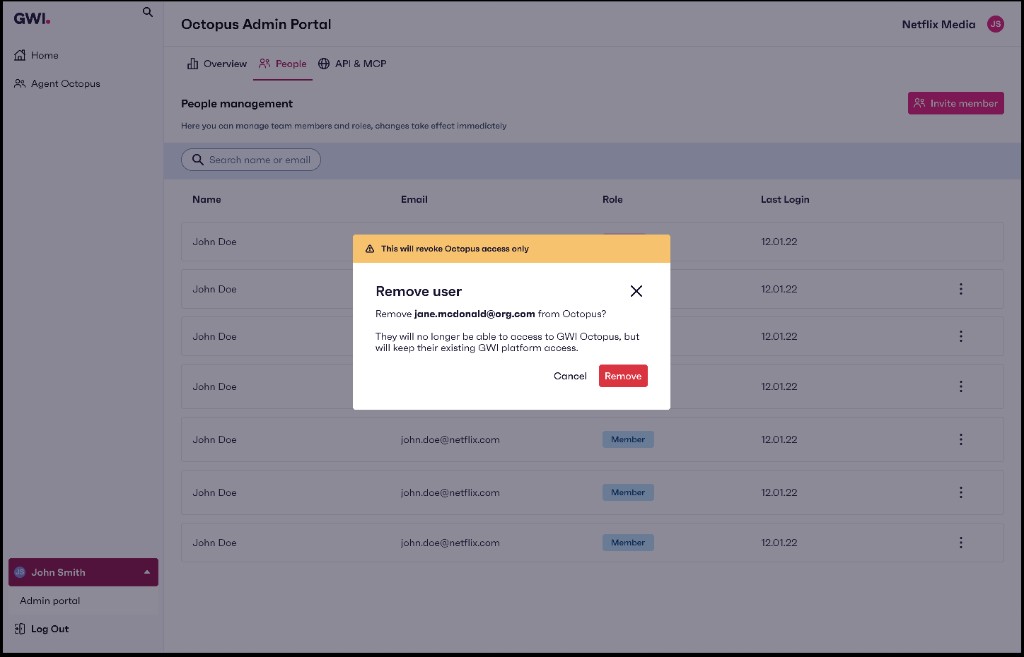 Remove user modal: revoke Octopus access while keeping GWI platform access.