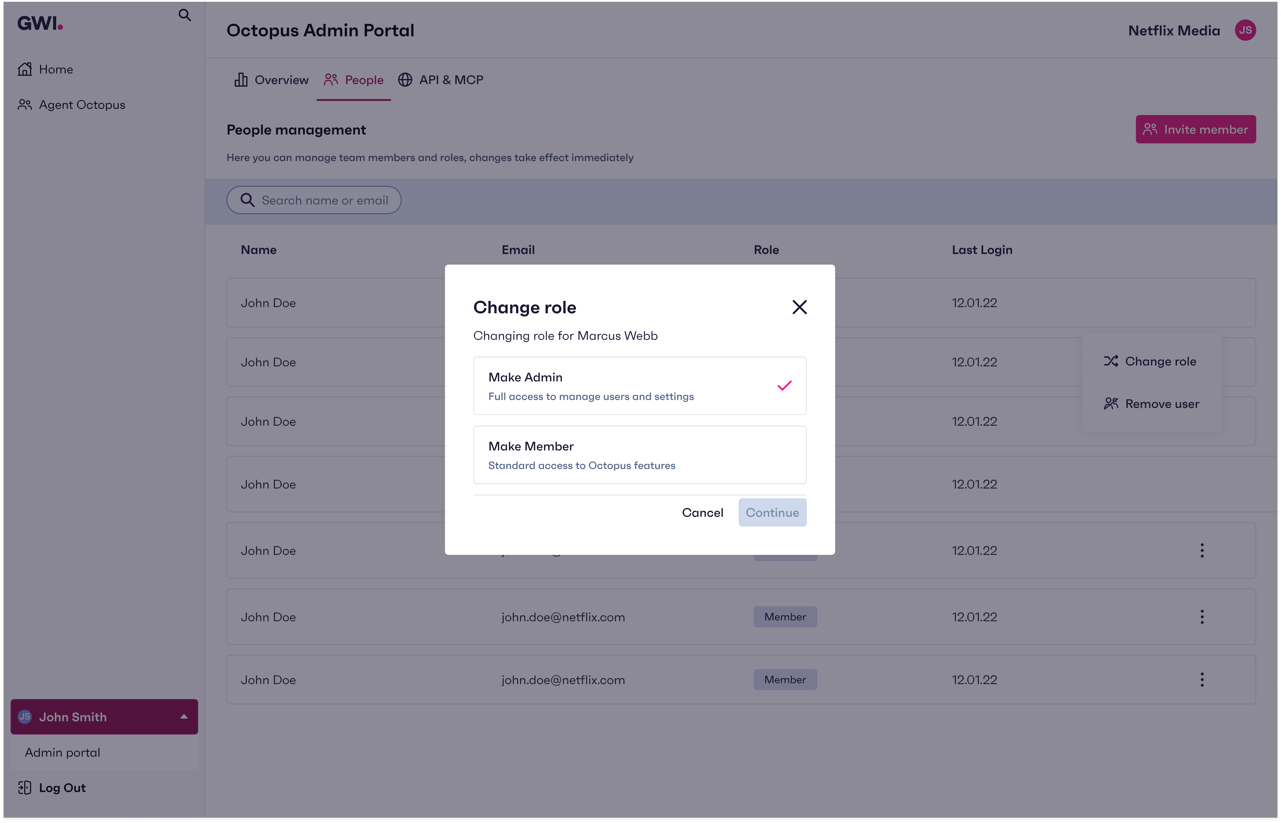 Octopus Admin Portal: Change role modal for Marcus Webb with Make Admin and Make Member options; Continue action disabled when the change would leave no organisation admin.
