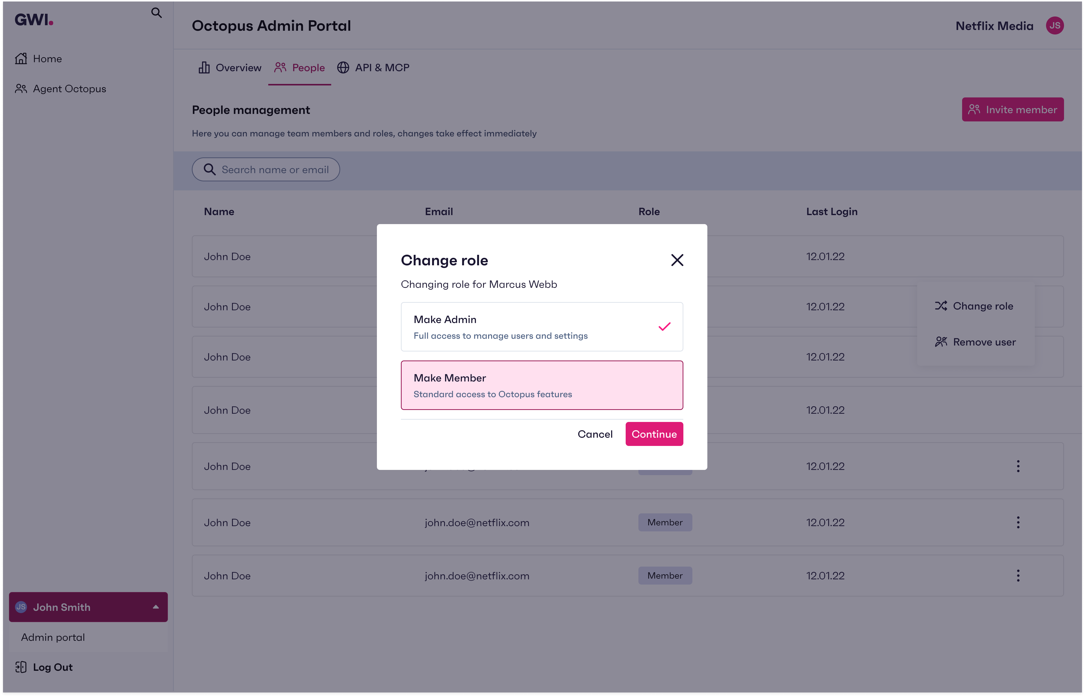 Octopus Admin Portal: Change role modal with Make Member selected for Marcus Webb; Continue enabled when another admin will remain.