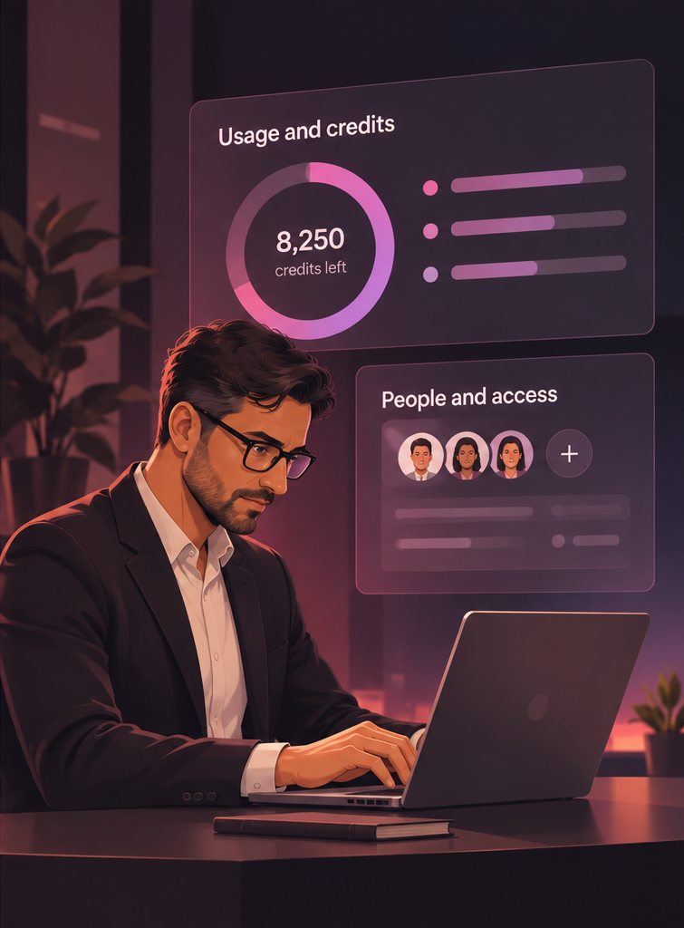 An administrator reviewing usage, credits and access.