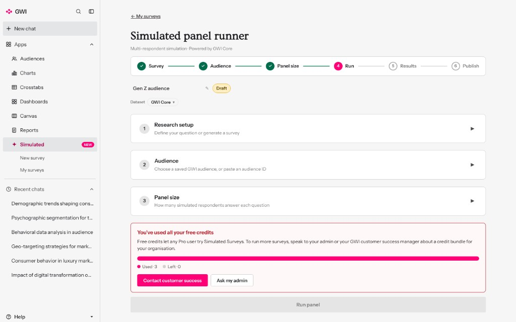 Prototype survey setup with a message that free credits have been used.