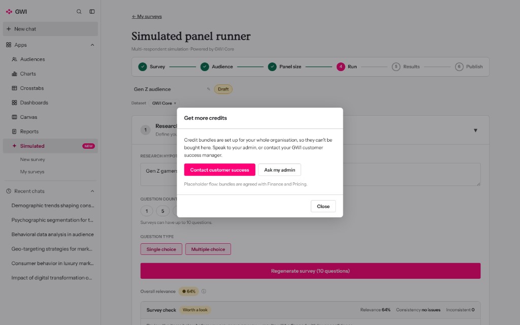 Prototype credit dialog over survey setup.