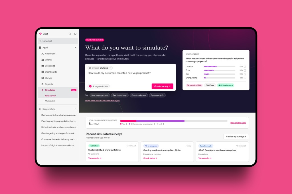 Survey creation screen for self-serve AI-simulated research, showing a question, a sample result and organisation credits.