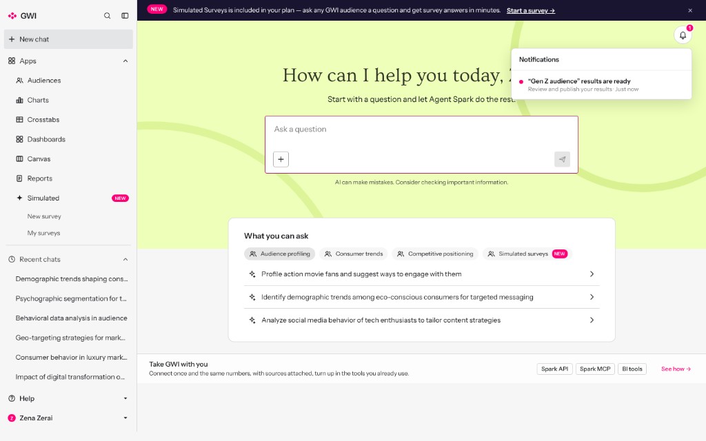 Prototype home screen with a notification that survey results are ready.
