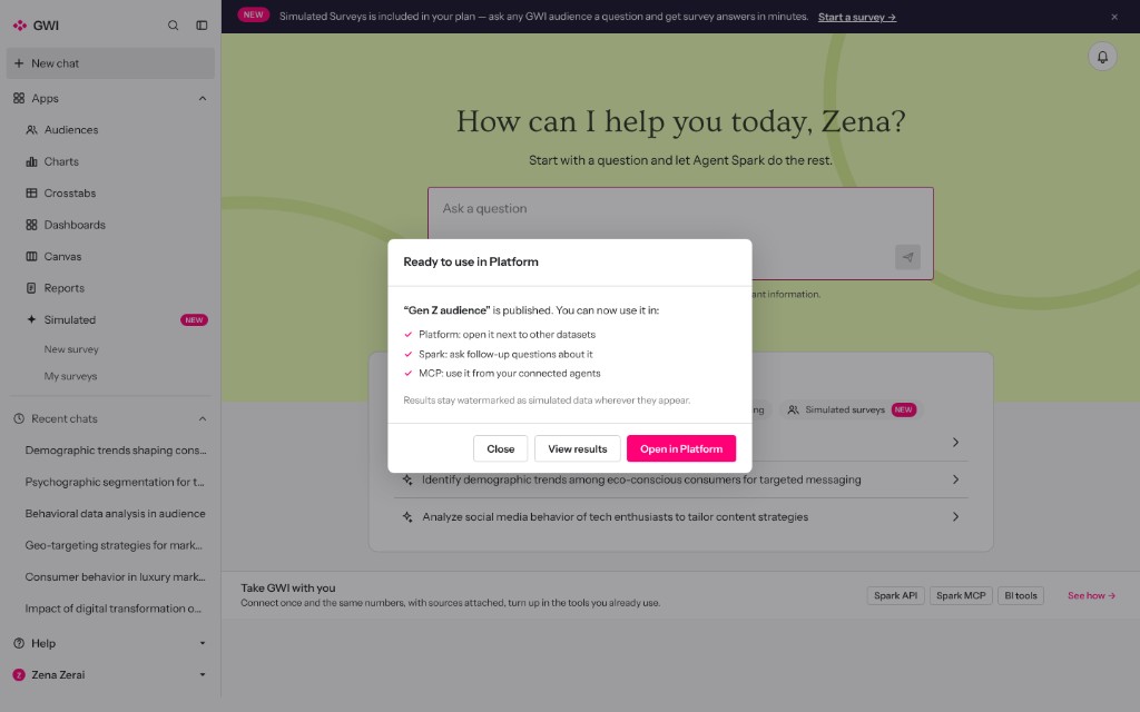 Prototype dialog that a published audience is ready to use in Platform.