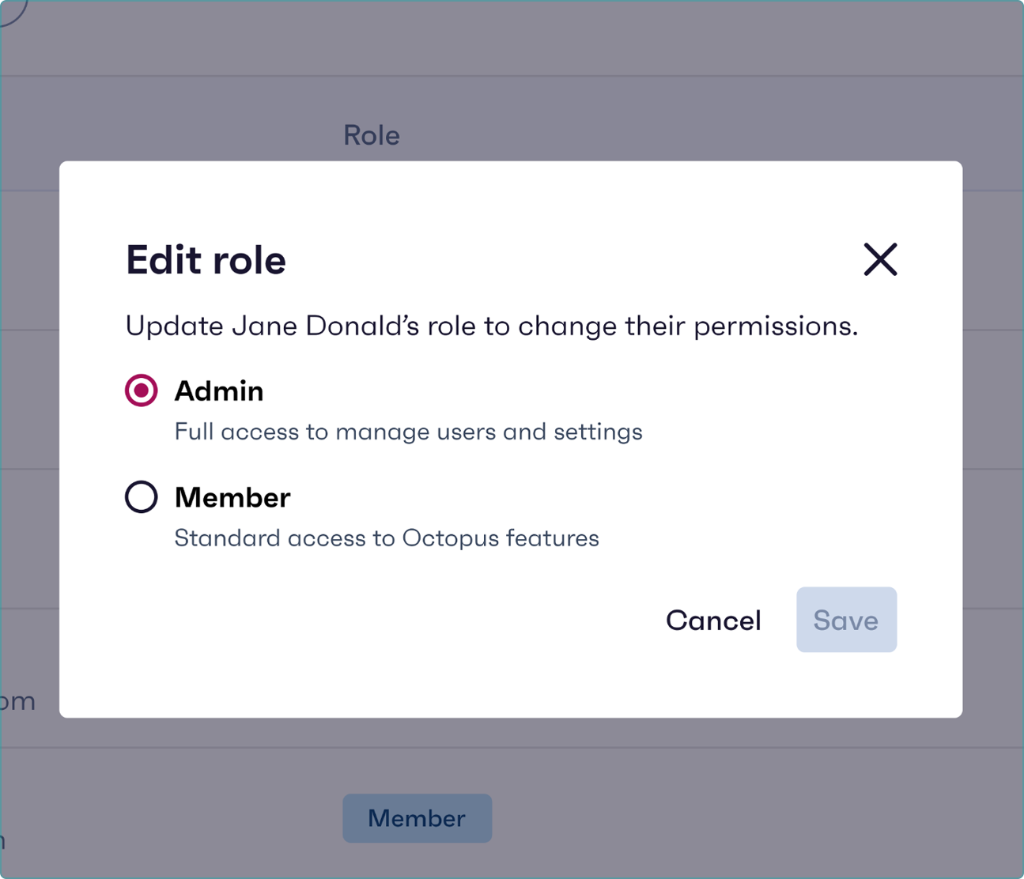 Edit role dialog for Jane Donald, with Admin and Member radio options. Admin is selected.