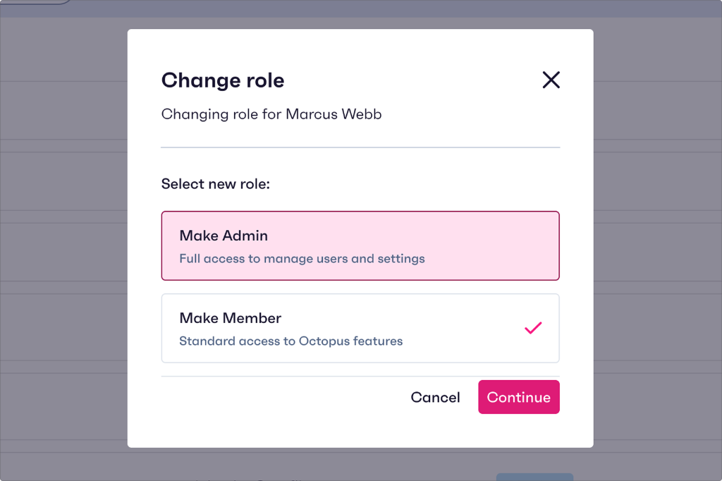 Change role dialog for Marcus Webb, with Make Admin and Make Member cards. Make Member is selected.