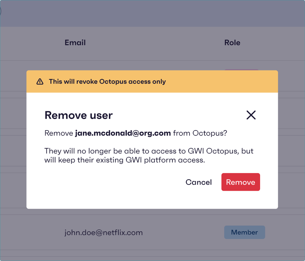 Remove user dialog for jane.mcdonald@org.com, with an amber warning that this will revoke Octopus access only and that GWI platform access remains.