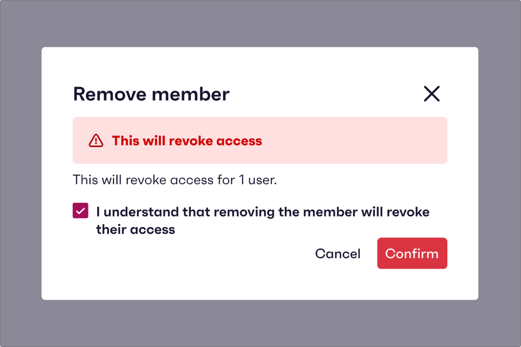 Remove member dialog with a pink warning that this will revoke access, a checked confirmation, and a Confirm button.