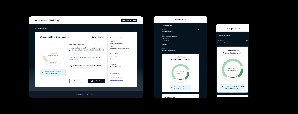 Kia Finance preApply pre-qualification results on desktop, tablet, and mobile.