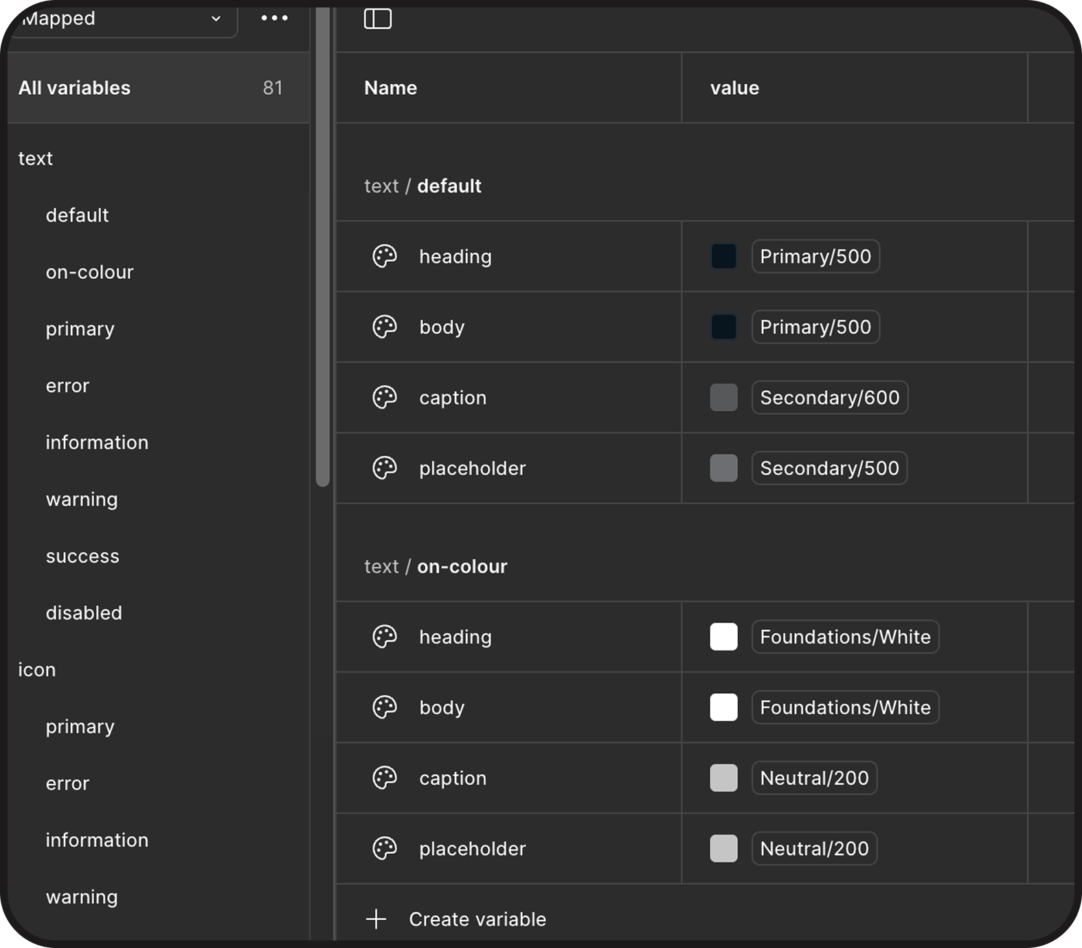 Figma Mapped variables: semantic text and icon tokens.