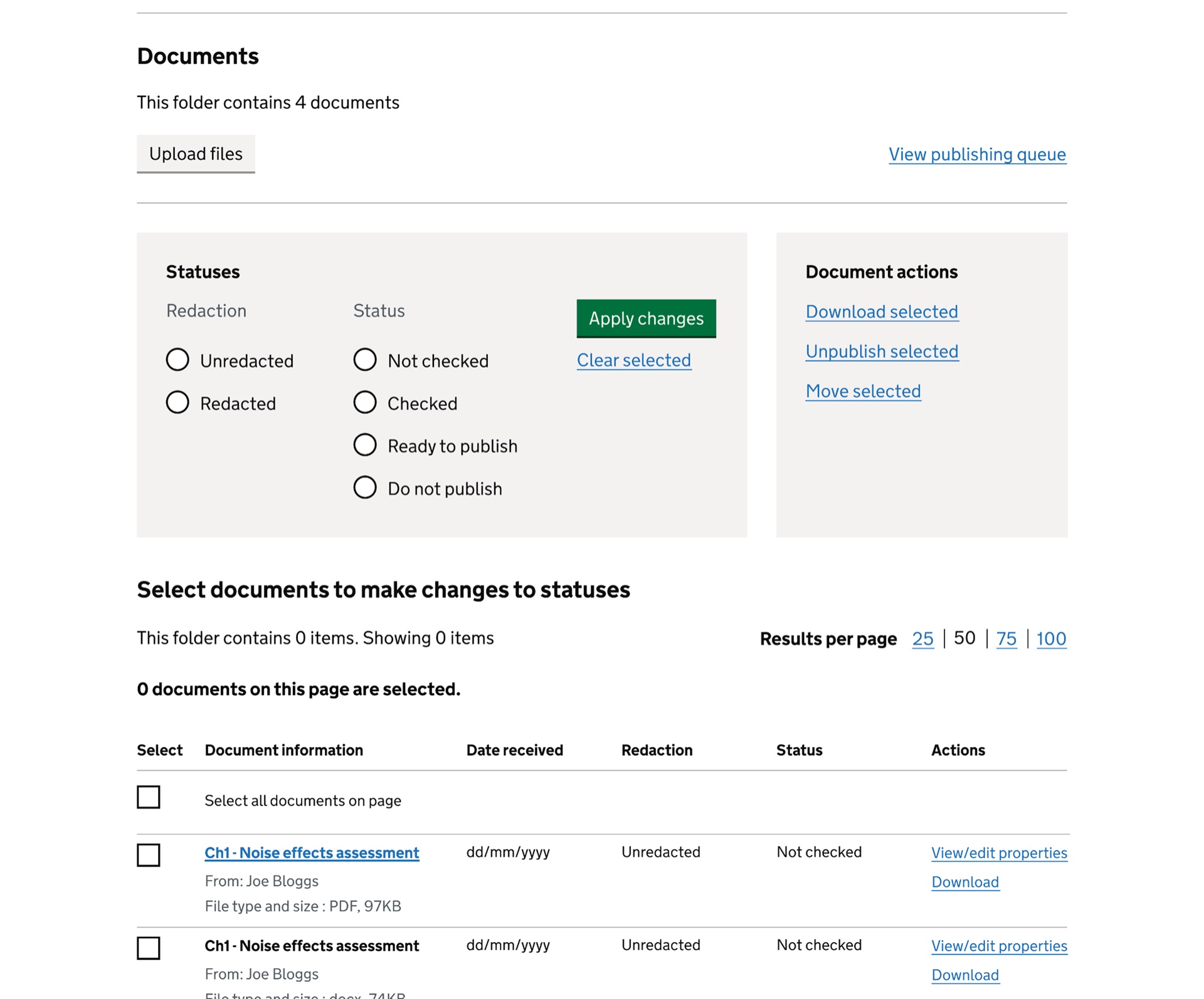 Document storage after usability testing: Documents view with neutral status text, visible bulk action panels, and labelled View/edit properties and Download links.