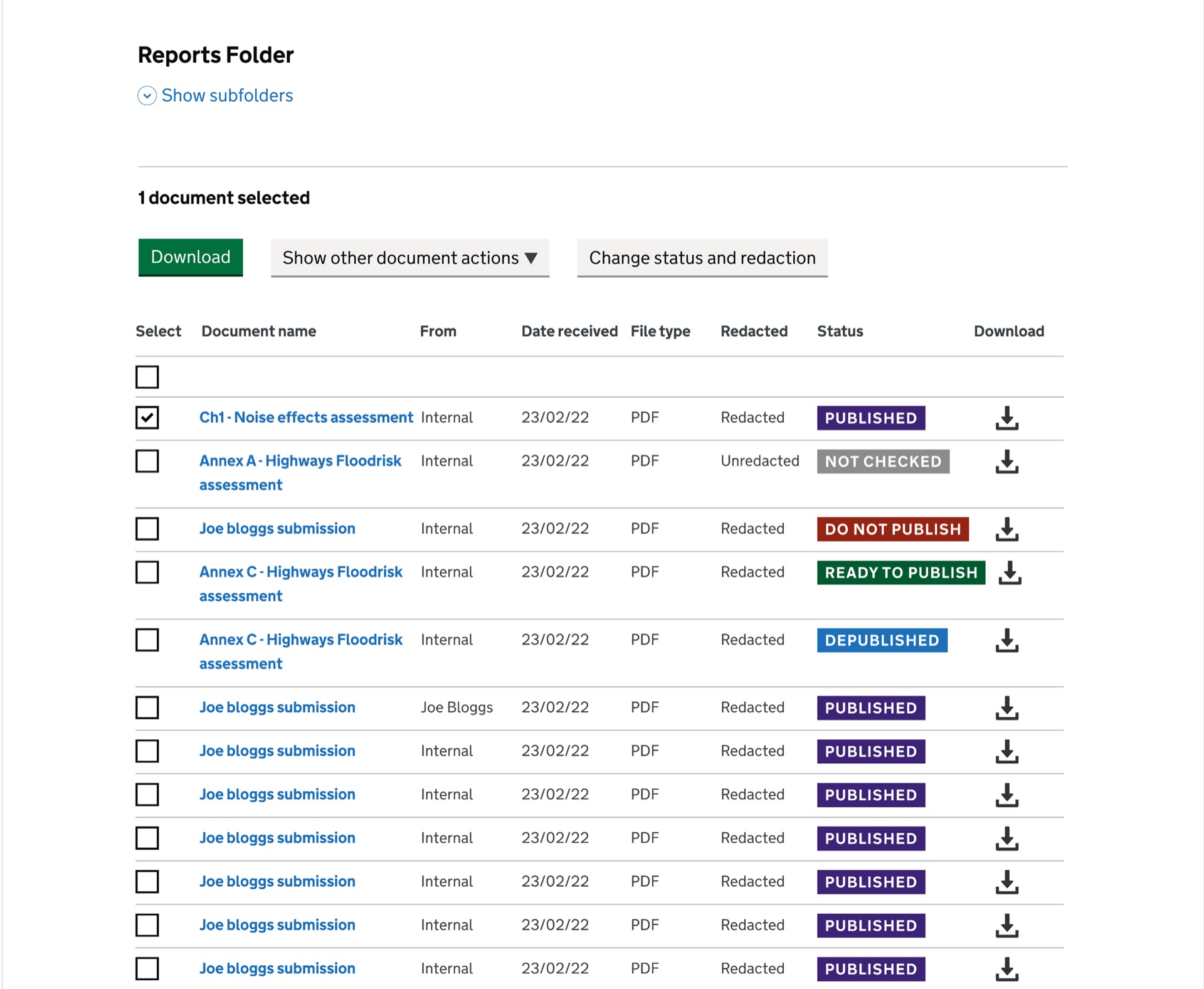 Document storage before usability testing: Reports folder table with colourful status badges, icon-only download column, and bulk actions behind a dropdown.