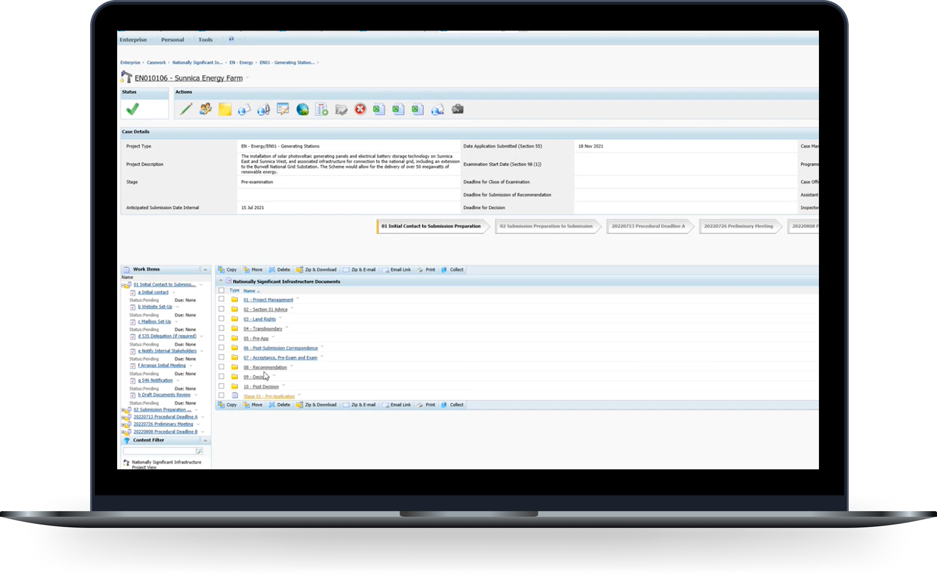 Horizon legacy case management system showing case details, work items, and document folders for a planning application.