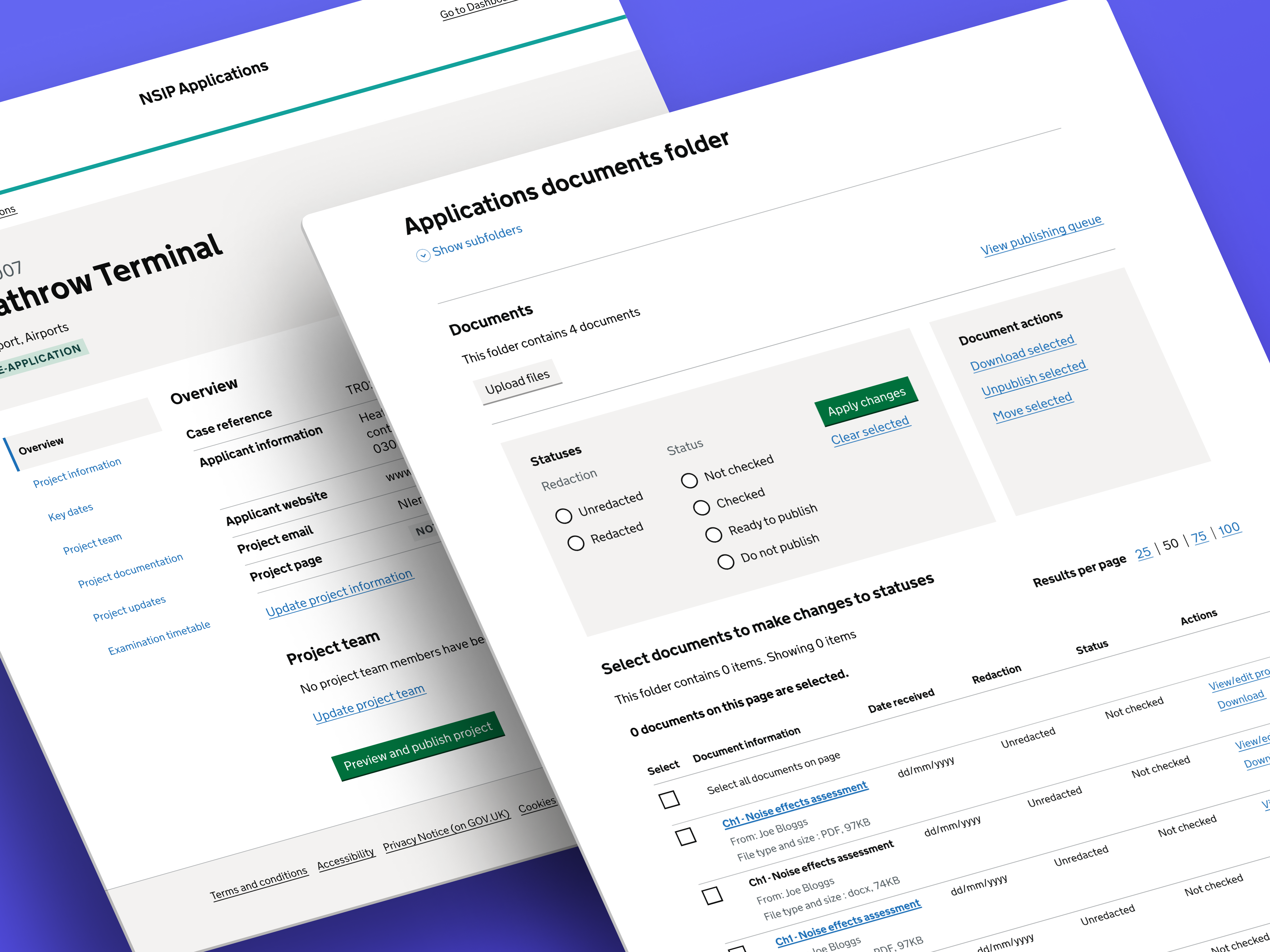 Overlapping NSIP Applications mockups: documents folder workflow and project overview.