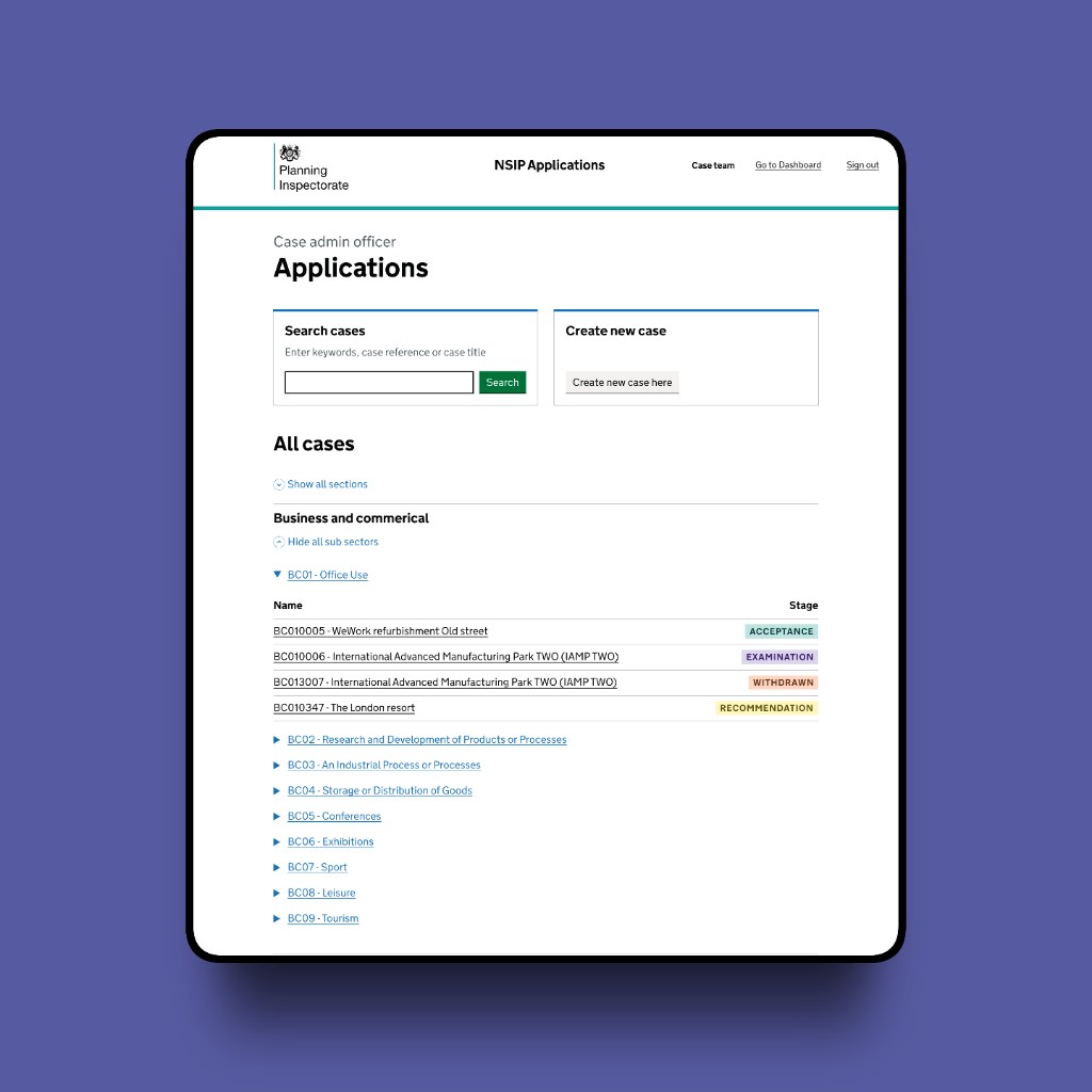 NSIP Applications: all application cases overview listing cases by sector and stage.