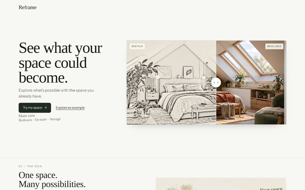 Reframe home screen: sketch-to-render comparison for a loft bedroom.